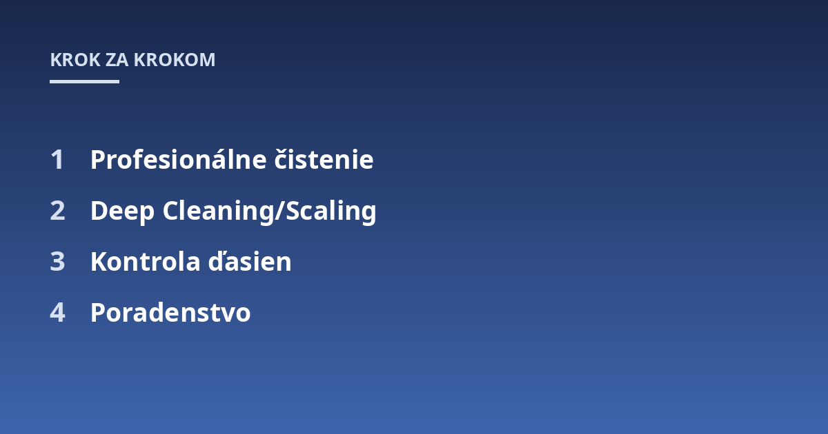 Profesionálne čistenie; Deep Cleaning/Scaling; Kontrola ďasien; Poradenstvo