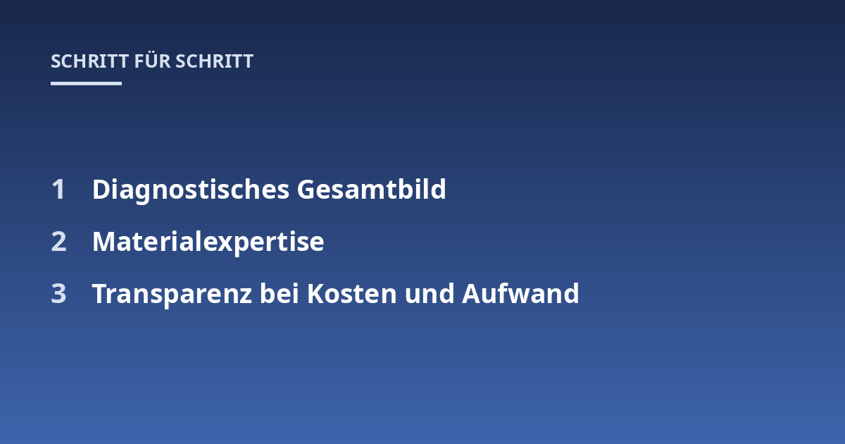 Diagnostisches Gesamtbild; Materialexpertise; Transparenz bei Kosten und Aufwand