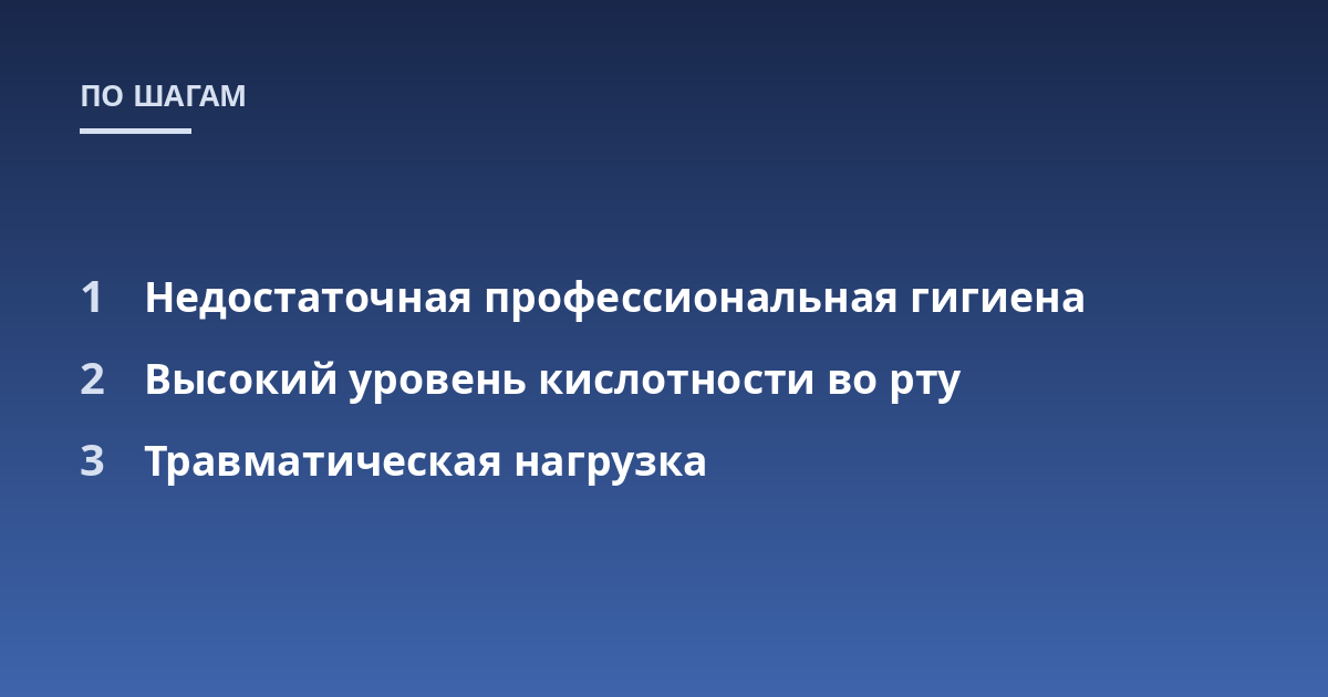 Недостаточная профессиональная гигиена; Высокий уровень кислотности во рту; Травматическая нагрузка