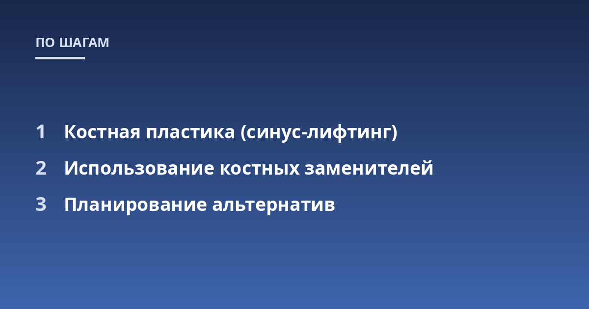Костная пластика (синус-лифтинг); Использование костных заменителей; Планирование альтернатив