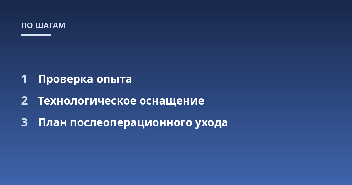 Проверка опыта; Технологическое оснащение; План послеоперационного ухода