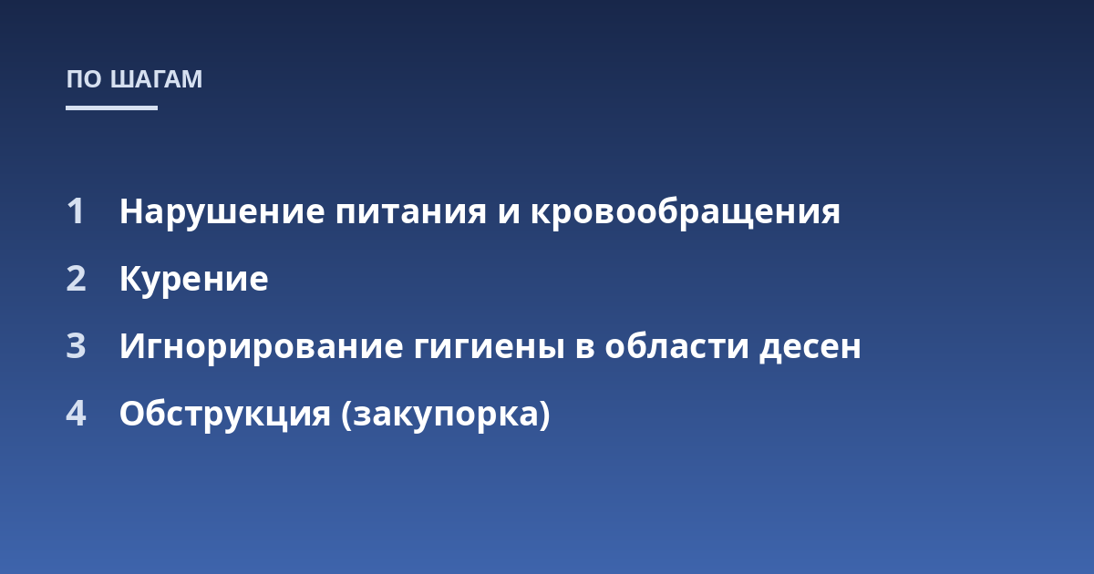 Нарушение питания и кровообращения; Курение; Игнорирование гигиены в области десен; Обструкция (закупорка)