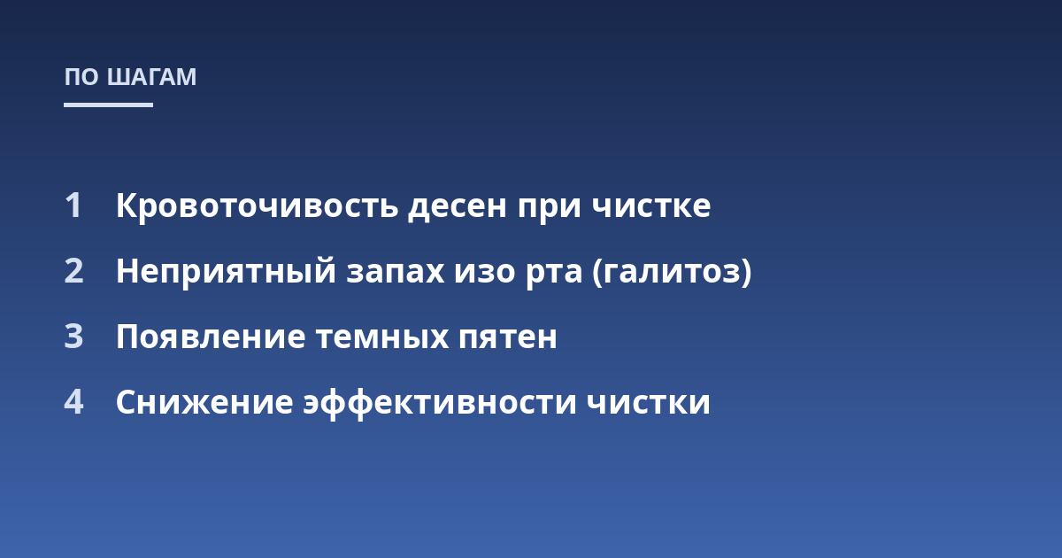 Кровоточивость десен при чистке; Неприятный запах изо рта (галитоз); Появление темных пятен; Снижение эффективности чистки