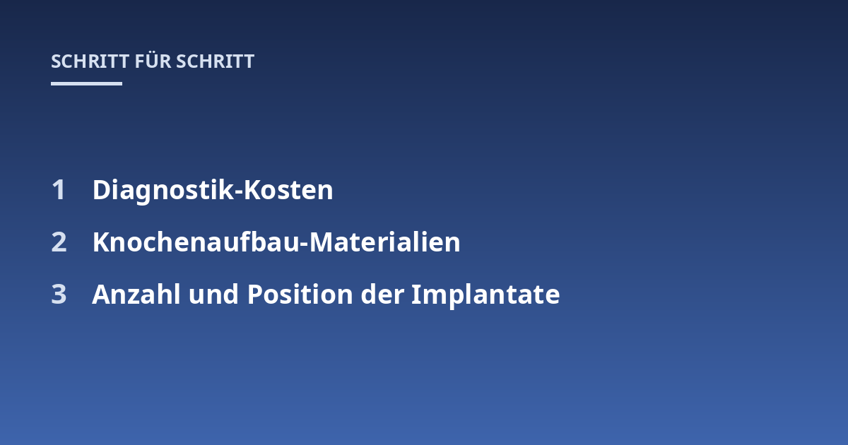 Diagnostik-Kosten; Knochenaufbau-Materialien; Anzahl und Position der Implantate