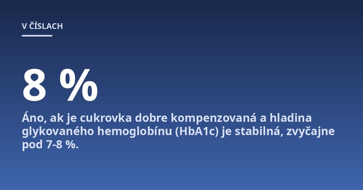 Áno, ak je cukrovka dobre kompenzovaná a hladina glykovaného hemoglobínu (HbA1c) je stabilná, zvyčajne pod 7-8 %.