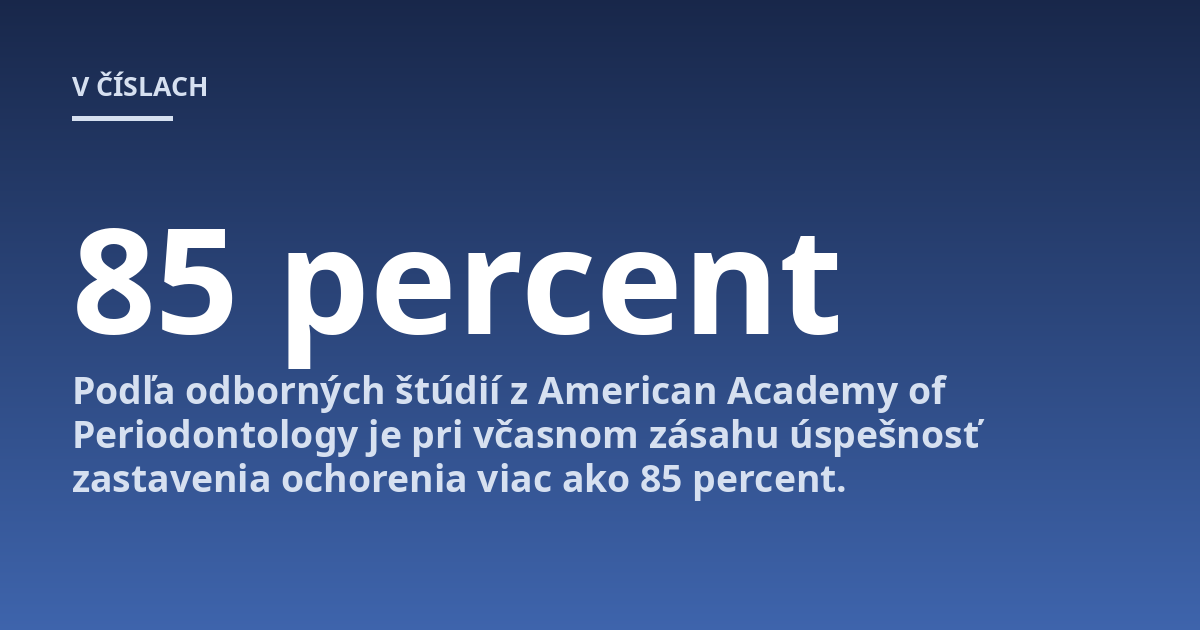 Podľa odborných štúdií z American Academy of Periodontology je pri včasnom zásahu úspešnosť zastavenia ochorenia viac ako 85 percent.
