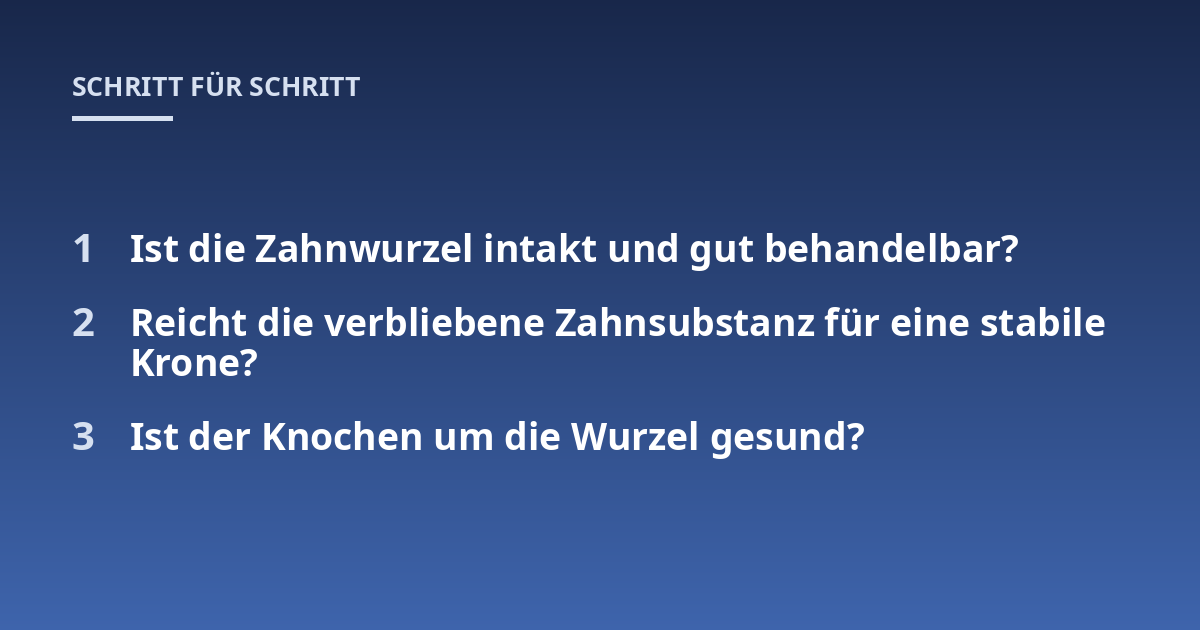 Ist die Zahnwurzel intakt und gut behandelbar?; Reicht die verbliebene Zahnsubstanz für eine stabile Krone?; Ist der Knochen um die Wurzel gesund?