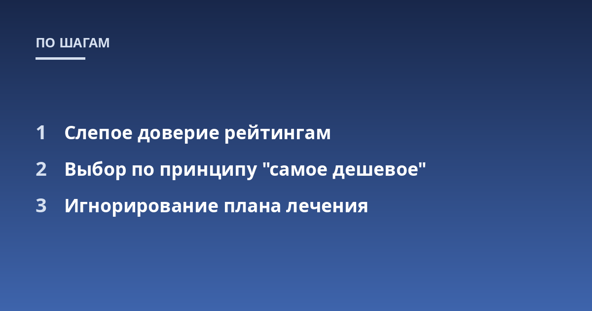 Слепое доверие рейтингам; Выбор по принципу "самое дешевое"; Игнорирование плана лечения