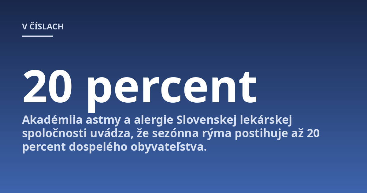 Akadémiia astmy a alergie Slovenskej lekárskej spoločnosti uvádza, že sezónna rýma postihuje až 20 percent dospelého obyvateľstva.