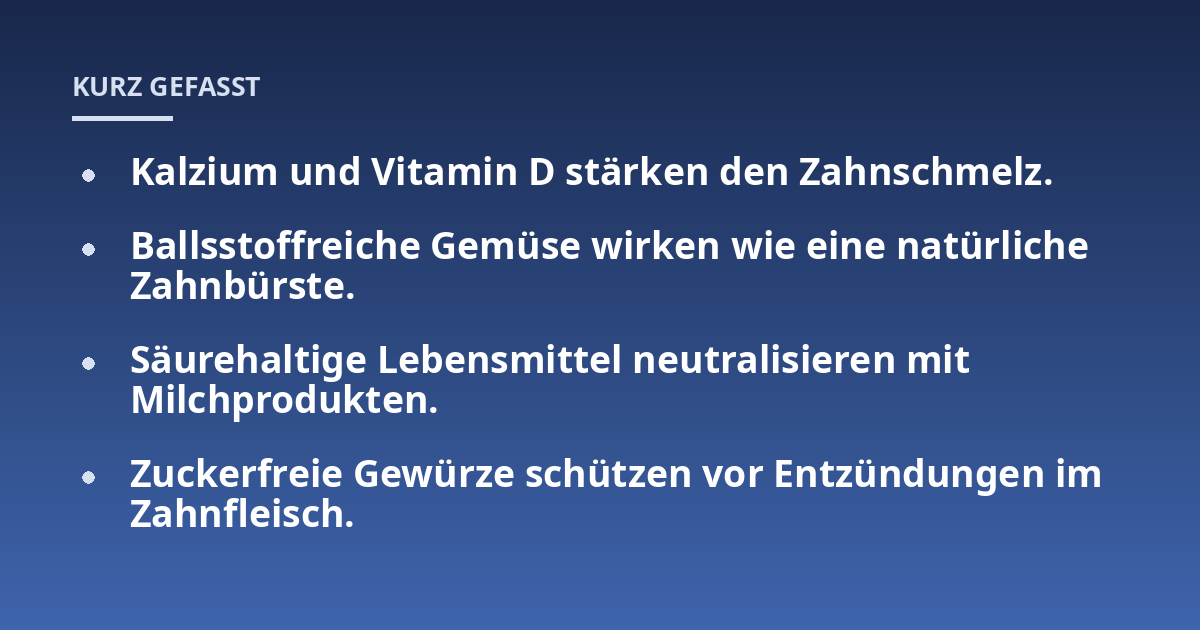 Kalzium und Vitamin D stärken den Zahnschmelz.; Ballsstoffreiche Gemüse wirken wie eine natürliche Zahnbürste.; Säurehaltige Lebensmittel neutralisieren mit Milchprodukten.; Zuckerfreie Gewürze schützen vor Entzündungen 