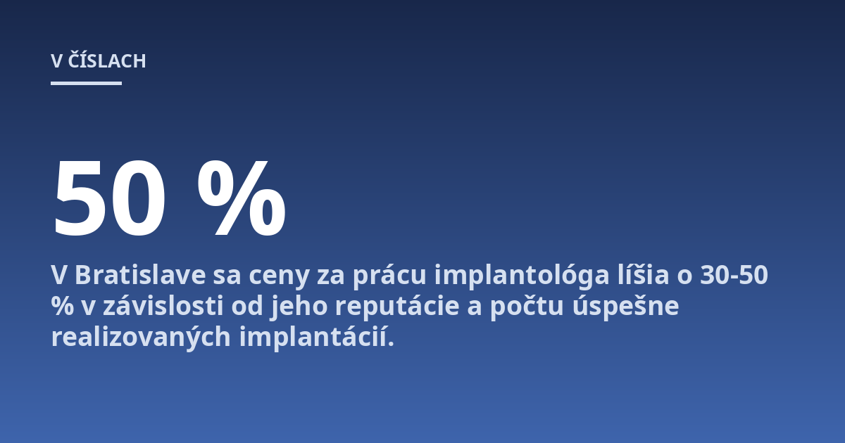V Bratislave sa ceny za prácu implantológa líšia o 30-50 % v závislosti od jeho reputácie a počtu úspešne realizovaných implantácií.